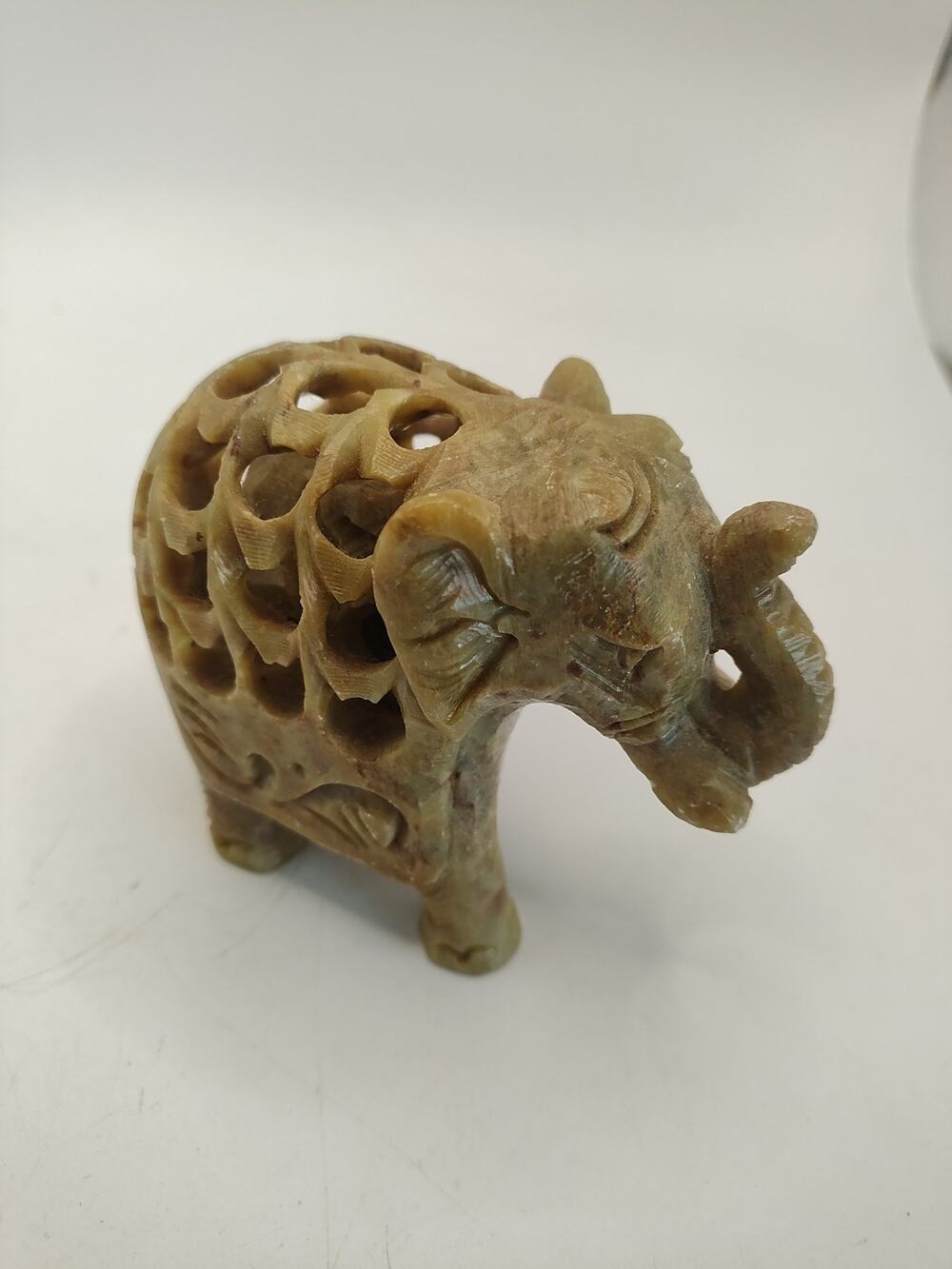 Hand Carved Stone Lattice Work Trunk Up Elephant with Baby Elephant Inside